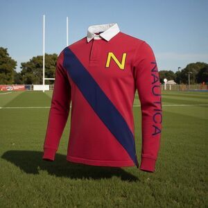 Red Nautica Long Sleeve Rugby Shirt Blue Stripe Men’s Medium